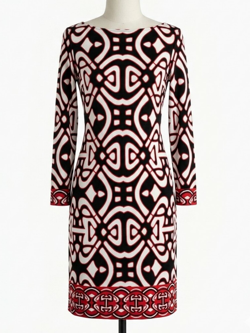 LAUNDRY BY DESIGN Black Red Geometric Print Long Sleeve Shift Dress 6